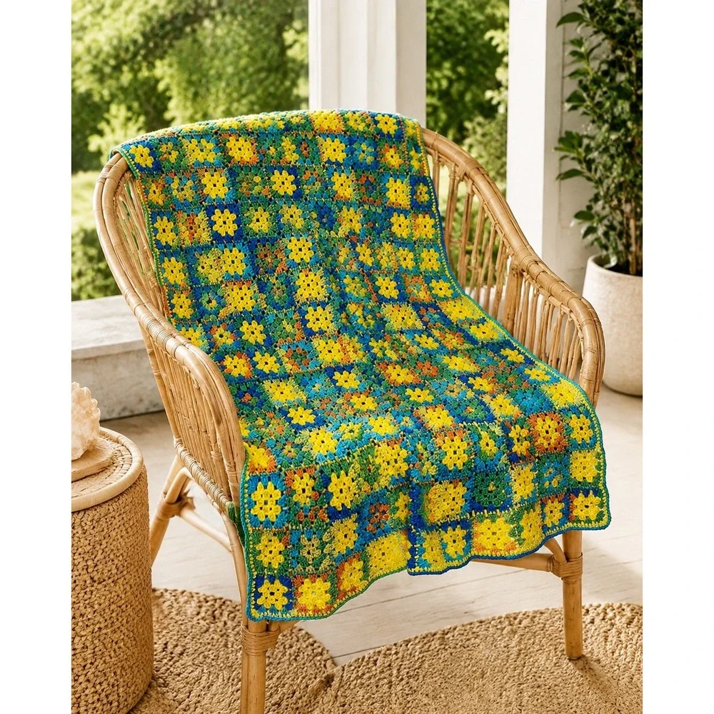 Colorful Granny Square Crochet Afghan Yellow Green Blue Lap Throw 40x48